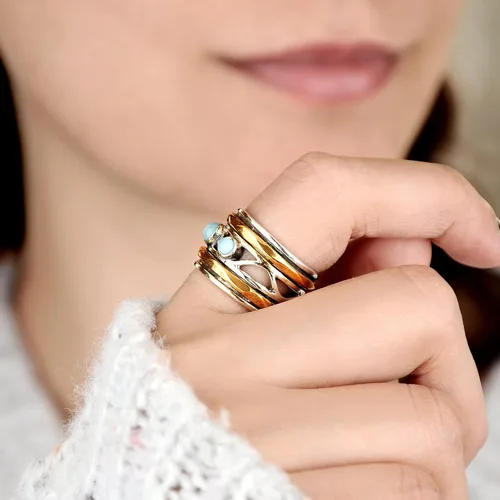 Miniatura 4 de Boho-Magic Anillo giratorio Larimar de plata de ley 925 para mujer con bandas giratorias de latón, Metal no precioso Piedra preciosa, larimar