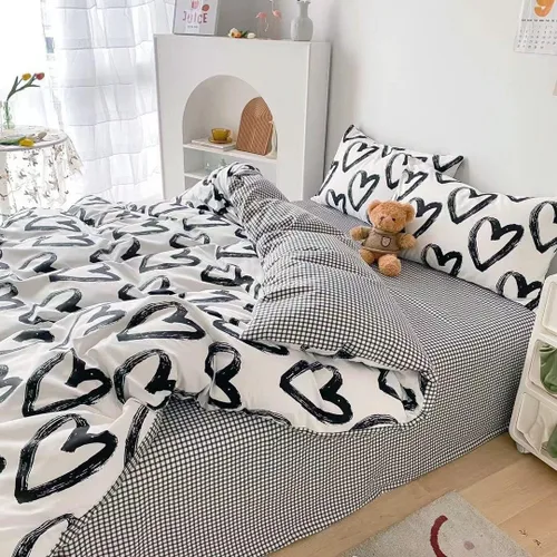 Miniatura 6 de Wellboo Juegos de Edredones de Amor Queen Negro y Blanco Ropa de Cama Edredones de Algodón Mujeres Niñas Colchas de Cama con Forma de Corazón Tinta