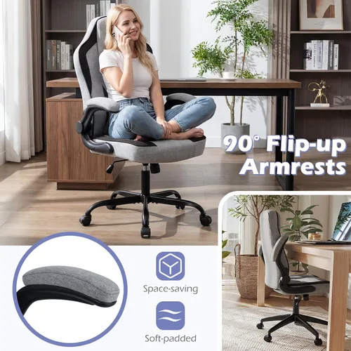 Miniatura 5 de Giantex Silla de oficina ergonómica, silla de escritorio de tela de lino con reposabrazos abatibles de 90°, altura ajustable, función mecedora, Gris
