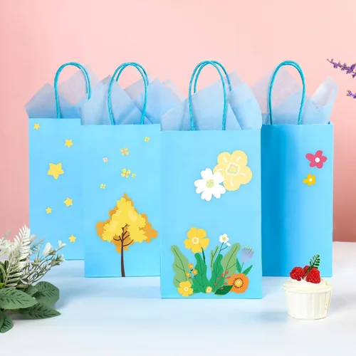 Miniatura 4 de DjinnGlory Paquete de 24 pequeñas bolsas de regalo de papel azul con asas de 9 x 5.5 x 3.15 pulgadas y 24 papel de regalo de seda para negocios