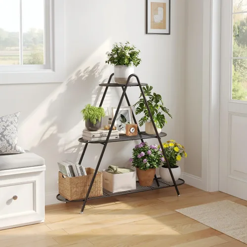 Soporte de 3 niveles para plantas, estante de metal para plantas, resistente para interiores y exteriores, estante para múltiples macetas,