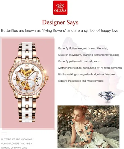 Miniatura 4 de OLEVS Relojes automáticos de oro rosa para mujer diseño de esqueleto mecánico de cuerda automática elegante vestido de lujo para mujer con diamantes