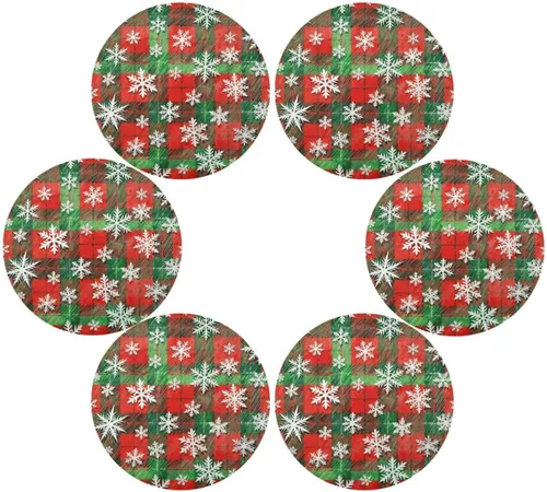 Miniatura 3 de Manteles individuales redondos de tela con patrón de copos de nieve blancos con patrón de cuadros rojos y verdes de Feliz Navidad, 15 x 15 pulgadas