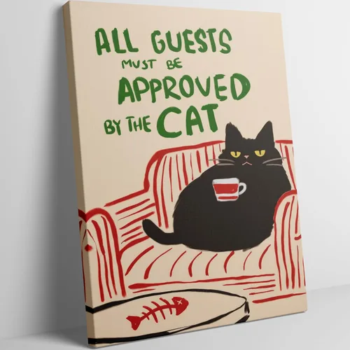 Divertido Arte de Pared de Gato Negro con Café All Guests Must Be Approved By The Cat Cuadro con Cita Pintura Decoración de Pared Póster Retro de