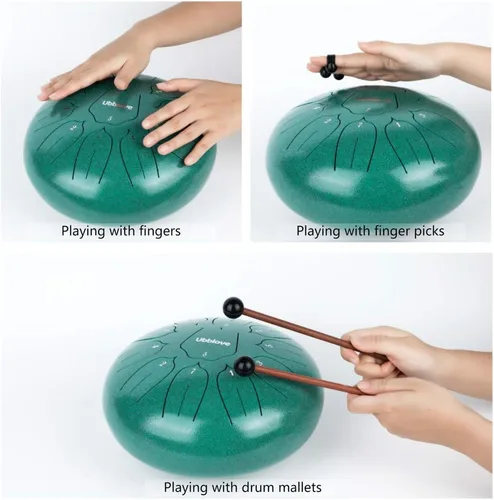 Miniatura 3 de Tambor de lengua de acero, tambor de tanque de mano, 11 notas, instrumento de percusión de meditación de 10 pulgadas con mazos, púas de dedos, Verde
