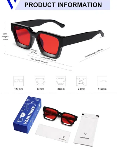 Miniatura 28 de VANLINKER Gafas de sol cuadradas gruesas para hombres y mujeres, retro, rectangulares, con protección UV400, VL9731