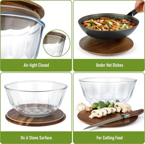 Miniatura 4 de Juego de 5 cuencos apilables grandes de vidrio anidables con tapas de acacia para preparación de alimentos, almacenamiento, horneado, mezcla de masa