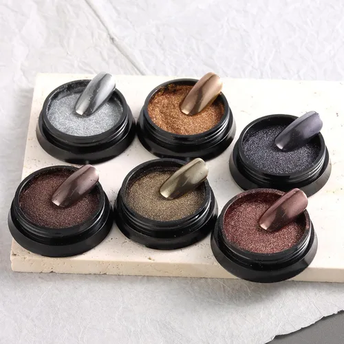 Miniatura 7 de Polvo de uñas cromado, efecto espejo, polvo metálico, 6 colores, bronce, marrón, negro, oro rosa, holográfico, purpurina cromada, pigmento en polvo
