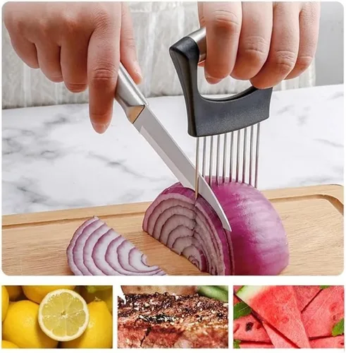 Miniatura 5 de Soporte de cebolla de acero inoxidable, nuevo soporte de cebolla para rebanar, cortador de limón para verduras, herramienta de asistencia para 3