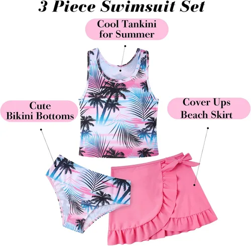 Miniatura 35 de Traje de baño tankini de 3 piezas para niñas, lindo bikini con salida de baño con falda de playa de 5 a 16 años