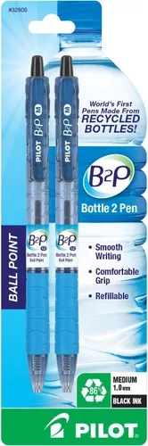 PILOT B2P - Bolígrafo recargable y retráctil de botella a bolígrafo, hecho de botellas recicladas, punta media, tinta negra, paquete de 2 (32805)