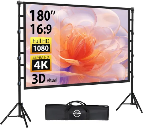 Pantalla de proyector para exteriores con soporte: LEORFI Pantalla de proyector de 180 pulgadas portátil, pantalla de proyección interior y soporte,