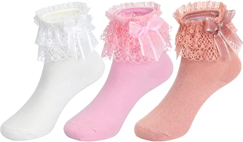 Miniatura 2 de Calcetines con volantes para niñas pequeñas, calcetines de encaje con lazo, 6 pares