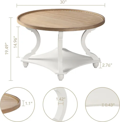Miniatura 3 de Wnutrees - Mesa de centro redonda de estilo granja, mesa de café con bandeja de madera y estante de almacenamiento de estilo rústico con acabado