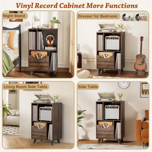 Miniatura 7 de Bikoney Soporte moderno para tocadiscos de mediados de siglo con cajón de almacenamiento de vinilo, mesa auxiliar de madera para todos
