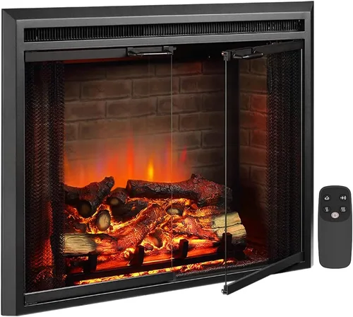 Miniatura 8 de PuraFlame Klaus - Inserto eléctrico para chimenea de 33", con kit de adornos, sonido de chispas de fuego, tronco de resina, puerta de vidrio