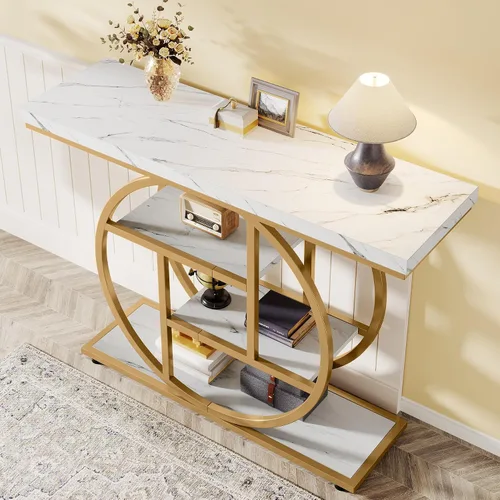 Miniatura 9 de Tribesigns Mesa de Consola de 41.3 pulgadas, Mesa Industrial de 4 Niveles para Sofá de Entrada con Base Circular, Mesas Decorativas de Madera Oro