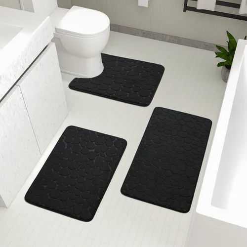 Miniatura 18 de YIHOUSE Juego de 2 tapetes de baño de espuma viscoelástica, antideslizantes, absorbentes de agua, lavables, para fregadero, inodoro y suelo Negro