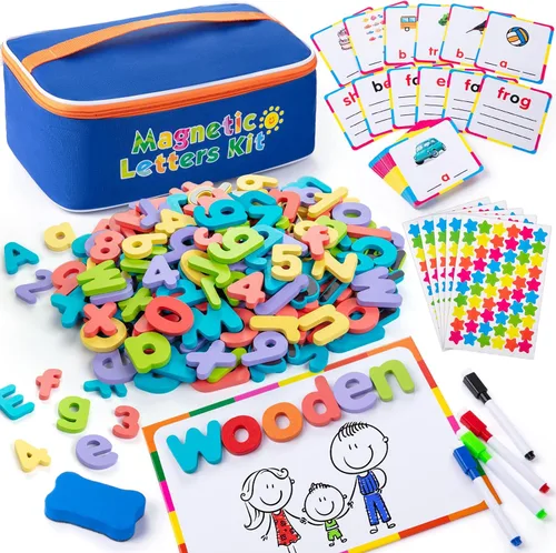 Kit de letras magnéticas del alfabeto Sundaymot, 310 piezas con tablero magnético y bolsa organizadora, letras de madera mayúsculas y minúsculas,