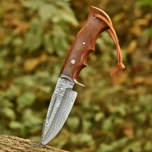 Miniatura 4 de Cuchillo de caza de Damasco hecho a mano de 10 pulgadas con funda de cuero, ideal para desollar, acampar, al aire libre, cuchillo de bushcraft