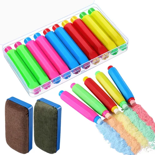 Outus 10 clips de tiza de plástico coloridos ajustables con estuche de almacenamiento y 2 borradores magnéticos para pizarra blanca, garabatos,