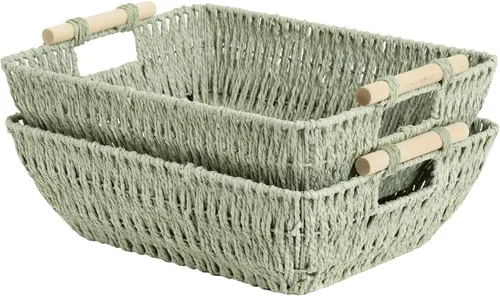 Miniatura 13 de StorageWorks Cestas de almacenamiento grandes tejidas a mano con asas de madera, cestas de mimbre de hierba marina para organizar, paquete de 2