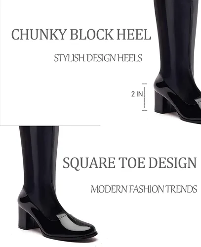 Miniatura 5 de Coutgo Botas altas Gogo para mujer, punta cuadrada, tacón grueso, charol y cremallera sobre la rodilla