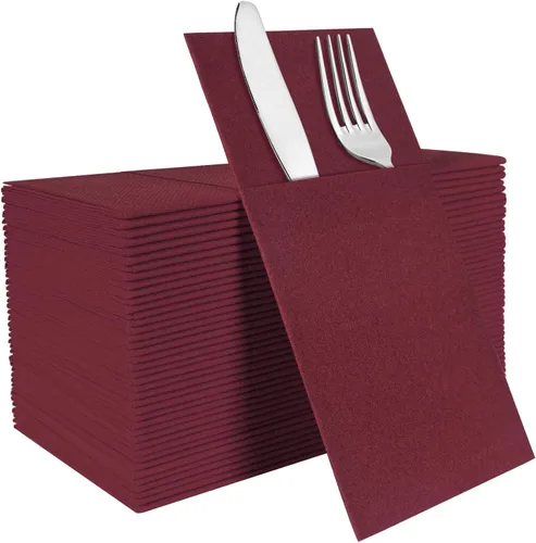 Miniatura 24 de Servilletas rojas desechables con sensación de lino con bolsillo integrado para cubiertos, preplegadas para cuchillos y tenedores, servilletas