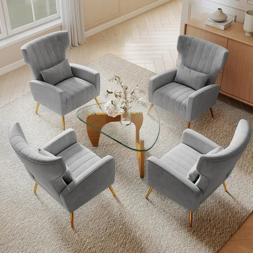 Miniatura 29 de Nebuaegis Silla decorativa de terciopelo con respaldo alado para sala de estar, sillón de respaldo alto con patas doradas, almohada lumbar, sofá