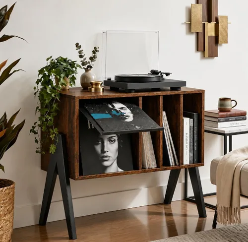 Soporte para tocadiscos con almacenamiento de vinilo y pantalla abatible, soporte giratorio moderno de mediados de siglo, gabinete de almacenamiento
