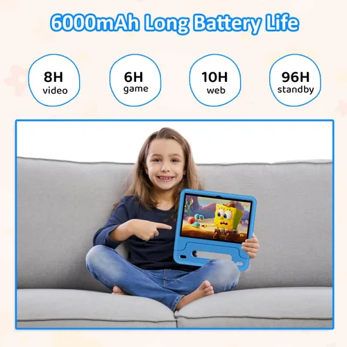 Miniatura 7 de WXUNJA Tablet Android 15 Kids 2025, tabletas actualizadas de 10.1 pulgadas con procesador Octa-Core, batería de 6000 mAh, espacio para niños, Azul
