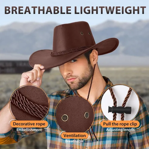 Miniatura 4 de Mens Faux Felt Western Cowboy Hat Fedora Outdoor Wide Brim Cowgirl Hat with Strap