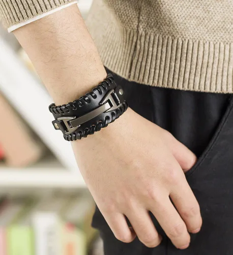 Miniatura 3 de Hamoery Men Leather Bracelet Punk Braided Rope Alloy Bracelet Bangle Wristband