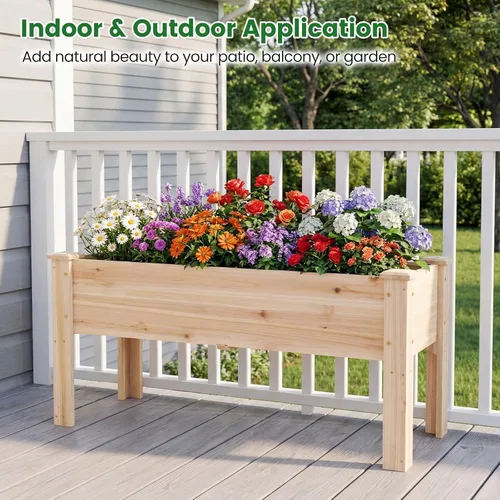 Miniatura 3 de HAPPYGRILL Cama de jardín elevada, maceta de madera con patas, 5 agujeros de drenaje, cama de jardín elevada para verduras y flores, contenedor