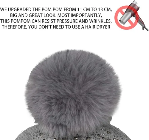 Miniatura 3 de Gorro de invierno para mujer con pompón de piel sintética cálido suave con diamantes de imitación para mujer