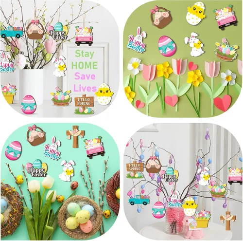 Miniatura 6 de Marsui 24 adornos de Pascua para árbol, feliz Pascua, adornos colgantes de madera, huevo, conejo, primavera, árbol, gnomo, pollo, rebanadas