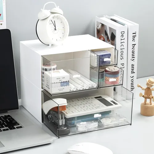 Miniatura 5 de MILULUGO Organizador de escritorio con 4 cajones, organizador de maquillaje, caja de almacenamiento de escritorio, caja de almacenamiento