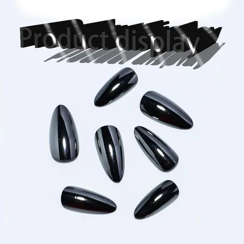 Miniatura 2 de Uñas postizas cromadas negras a presión de almendra mediana, uñas postizas de aguja con diseño brillante, uñas postizas acrílicas de metal brillante