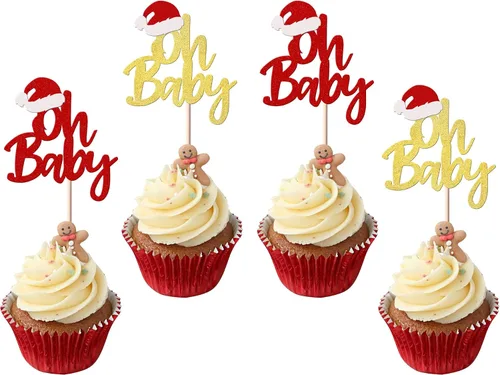 Rsstarxi Paquete de 24 Adornos para Cupcakes Oh Baby de Navidad con Purpurina, Sombreros de Navidad, Palillos para Cupcakes de Baby Shower para Baby