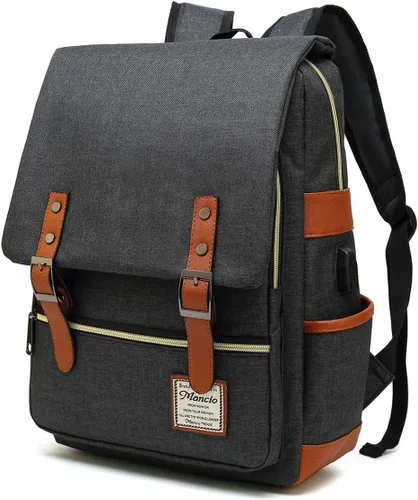 Mancio - Mochila vintage para portátil con puerto de carga USB, mochila de negocios delgada resistente a roturas para viajes, universidad, mochilas