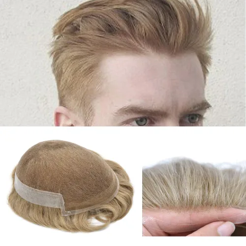 Miniatura 24 de Tupé de encaje suizo para hombres, piezas de cabello humano real, encaje frontal, sistema de reemplazo de cabello tipo tupé, nudo blanqueado, línea