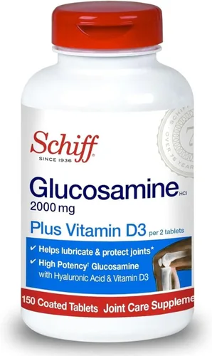 Schiff Glucosamina 2000mg con Vitamina D3 y Ácido Hialurónico, 150 comprimidos - Suplemento para Articulaciones