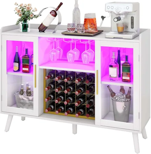 DWVO Armario de bar de vinos con luces LED y tomas de corriente, gabinete de barra de café de 53 pulgadas para licor y vasos, aparador moderno de