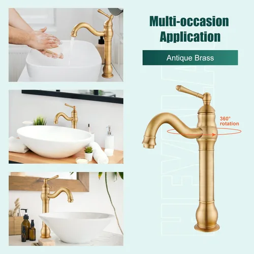 Miniatura 5 de Heyalan Grifo de lavabo alto para lavabo, grifo de baño de una sola manija, boquilla alta de 1 orificio con material de drenaje, grifo mezclador