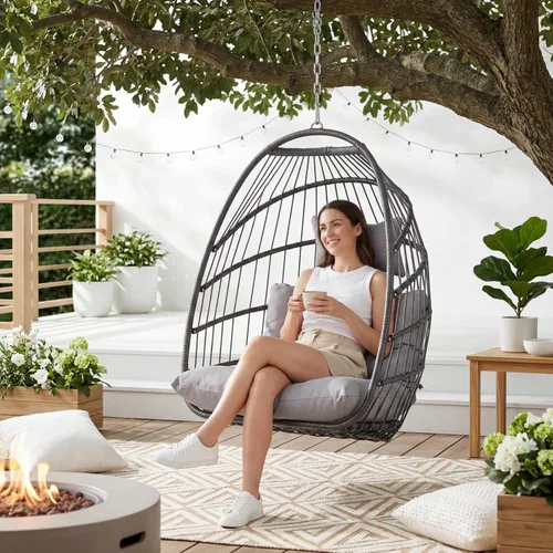 Miniatura 2 de Nicesoul Silla colgante para huevos al aire libre sin soporte, cesta de huevos para interiores con cojín, silla hamaca en forma de huevo de 350 Gris