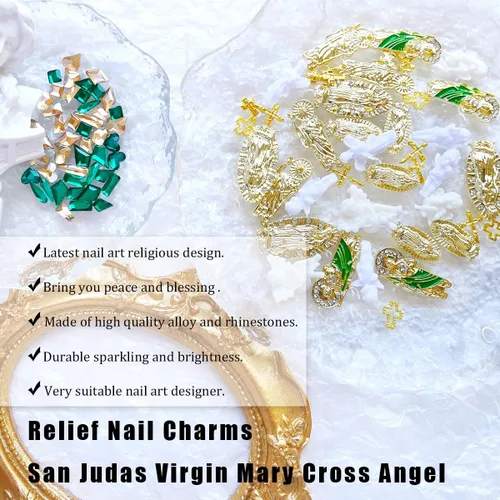 Miniatura 6 de Dijes para uñas 3D de San Judas con cruz de Virgen María, diamantes de imitación de metal de aleación dorada de ángel para arte de uñas acrílicas