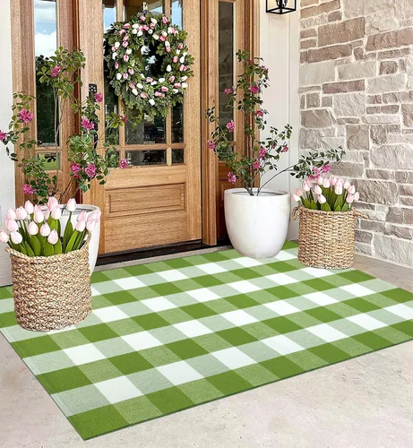 Miniatura 50 de Felpudo en capas blanco y negro de 24"x35" a cuadros búfalo de algodón lavable a máquina para porche delantero, cocina, casa de campo, entrada, baño