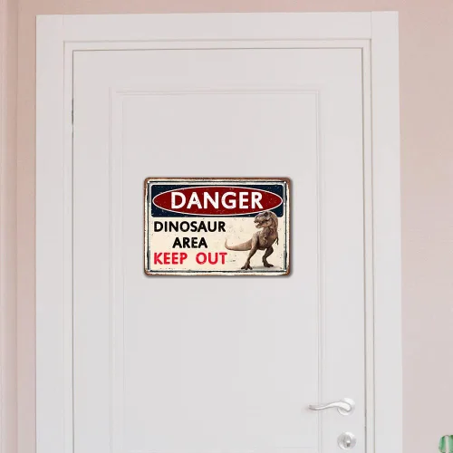 Miniatura 5 de Divertida decoración de pared de dinosaurios, letreros y carteles metálicos para habitación de niños, baño o cueva, 12 x 8 pulgadas
