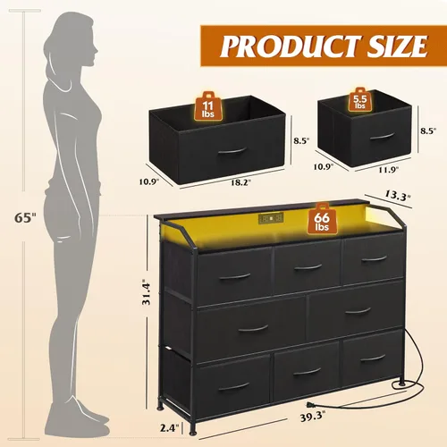 Miniatura 3 de WLIVE Cómoda LED para dormitorio, soporte de TV negro para dormitorio con luces LED y toma de corriente, cómoda ancha para pasillo, 8 cajones
