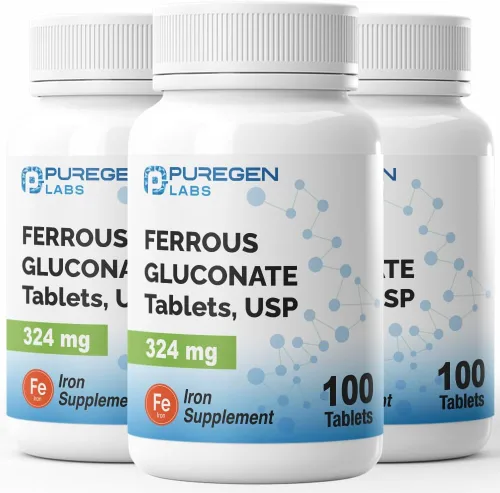 Puregen Labs Gluconato Ferroso 324 mg [Alta Potencia] Suplemento de Hierro, Suave para el Estómago | 3 Paquetes - 300 Tabletas Total